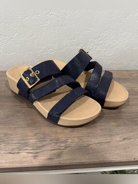Vionics Comfort Slide Sandals with  Adjustable Navy Straps and Gold Buckle